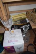 CLEAR GLASS DECANTER AND FOUR WINE GLASSES TOGETHER WITH SWAN STEAK CUTLERY SET AND A BOXED