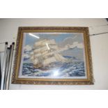 TAPESTRY PICTURE OF A GALLEON, GILT FRAMED