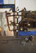 MIXED LOT: IRON CANDLE HOLDER, FLOWER FORMED GARDEN ORNAMENTS AND A SMALL LANTERN