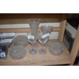 MIXED LOT: CUT GLASS DRESSING TABLE BOXES, VARIOUS VASES ETC