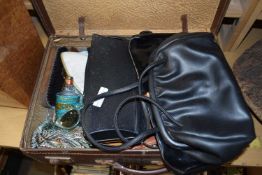 SMALL SUITCASE CONTAINING VARIOUS VINTAGE HANDBAGS, GLOVES, BRUSHES AND OTHER ASSORTED ITEMS