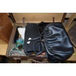 SMALL SUITCASE CONTAINING VARIOUS VINTAGE HANDBAGS, GLOVES, BRUSHES AND OTHER ASSORTED ITEMS