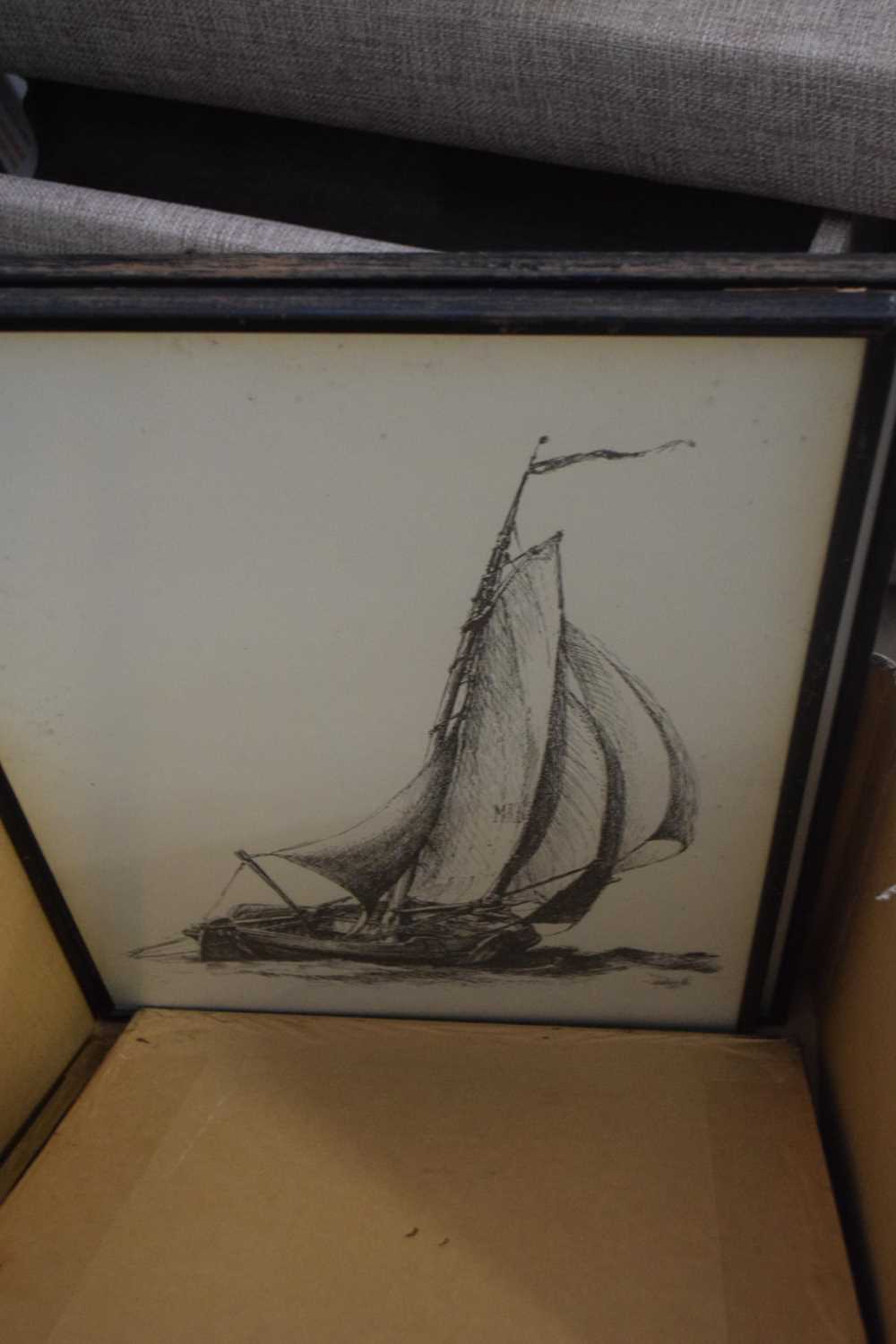 BOX OF ASSORTED PICTURES TO INCLUDE VARIOUS STUDIES, BOATS AND MARINE INTEREST, COLOURED ENGRAVING - Image 6 of 7