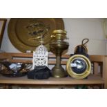 MIXED LOT: BRASS BASED OIL LAMP, REPRODUCTION RAILWAY LANTERN AND VARIOUS OTHER ITEMS