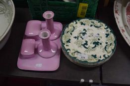 MIXED LOT: A LILAC DRESSING TABLE SET TOGETHER WITH A QUANTITY OF MASONS CHARTREUSE SIDE PLATES