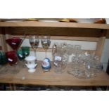 MIXED LOT: VARIOUS ASSORTED DRINKING GLASSES, EGG FORMED TRINKET BOX, SMALL JUGS ETC