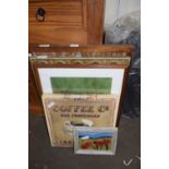 MIXED LOT: VARIOUS PICTURES, PRESSED BRASS SCREEN, CORK BOARD ETC