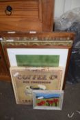 MIXED LOT: VARIOUS PICTURES, PRESSED BRASS SCREEN, CORK BOARD ETC