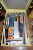 BOX OF VARIOUS TECHNICAL DRAWING INSTRUMENTS, RULERS ETC