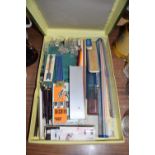BOX OF VARIOUS TECHNICAL DRAWING INSTRUMENTS, RULERS ETC
