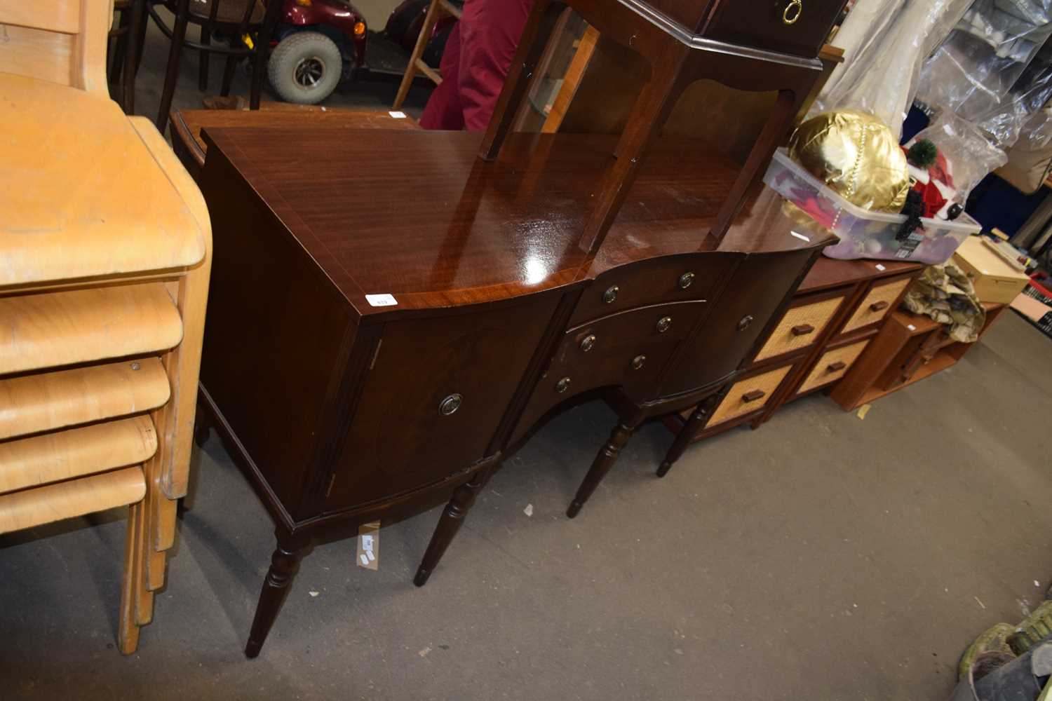 REPRODUCTION MAHOGANY VENEERED SIDEBOARD TOGETHER WITH A STAG BEDSIDE CABINET (2)