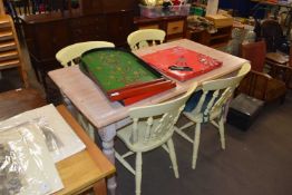 MODERN BLEACHED PINE EFFECT RECTANGULAR KITCHEN TABLE TOGETHER WITH A SET OF FOUR PAINTED CHAIRS