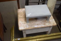 PAINTED PINE SMALL TABLE TOGETHER WITH A GREY PAINTED FOOTSTOOL (2)