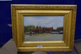 G E BARRETT STUDY OF REEDHAM FERRY, OIL ON BOARD, GILT FRAMED