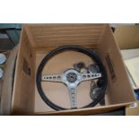 BOX OF VINTAGE STEERING WHEEL AND OTHER AUTOMOBILE PARTS, PROBABLY FOR A MORRIS 8