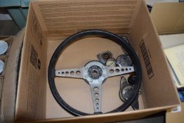 BOX OF VINTAGE STEERING WHEEL AND OTHER AUTOMOBILE PARTS, PROBABLY FOR A MORRIS 8