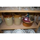 MIXED LOT: COVERED DUCK SHAPED DISH AND TWO STONEWARE STORAGE JARS