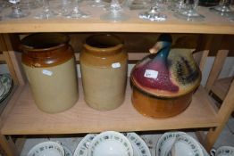 MIXED LOT: COVERED DUCK SHAPED DISH AND TWO STONEWARE STORAGE JARS