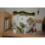 FLORAL DECORATED JARDINIERE TOGETHER WITH THREE PIN CUSHION DOLLS