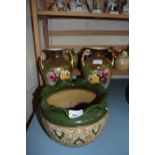 STONEWARE JARDINIERE WITH GREEN FRILLED RIM TOGETHER WITH A PAIR OF FLORAL DECORATED VASES