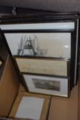 BOX OF ASSORTED PICTURES TO INCLUDE VARIOUS STUDIES, BOATS AND MARINE INTEREST, COLOURED ENGRAVING