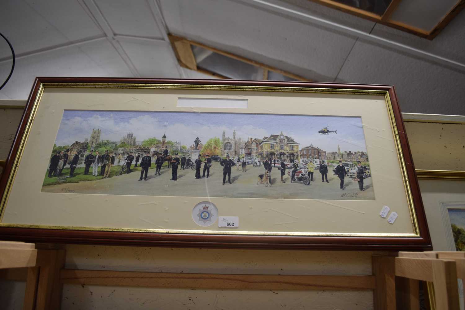 COLOURED PRINT, POLICING IN CAMBRIDGESHIRE, FRAMED AND GLAZED