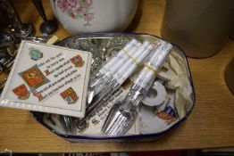 BOX OF MIXED ITEMS TO INCLUDE CRESTED WARE TEAPOT STANDS, ASSORTED CUTLERY, CHAMBER STICK ETC