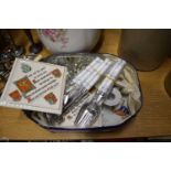 BOX OF MIXED ITEMS TO INCLUDE CRESTED WARE TEAPOT STANDS, ASSORTED CUTLERY, CHAMBER STICK ETC