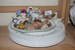 MIXED LOT: VARIOUS ASSORTED WADE WHIMSIES, CERAMIC FLOWERS, DINNER PLATES AND OTHER ORNAMENTS