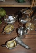 MIXED LOT: SILVER PLATED TEA SET AND OTHER ITEMS