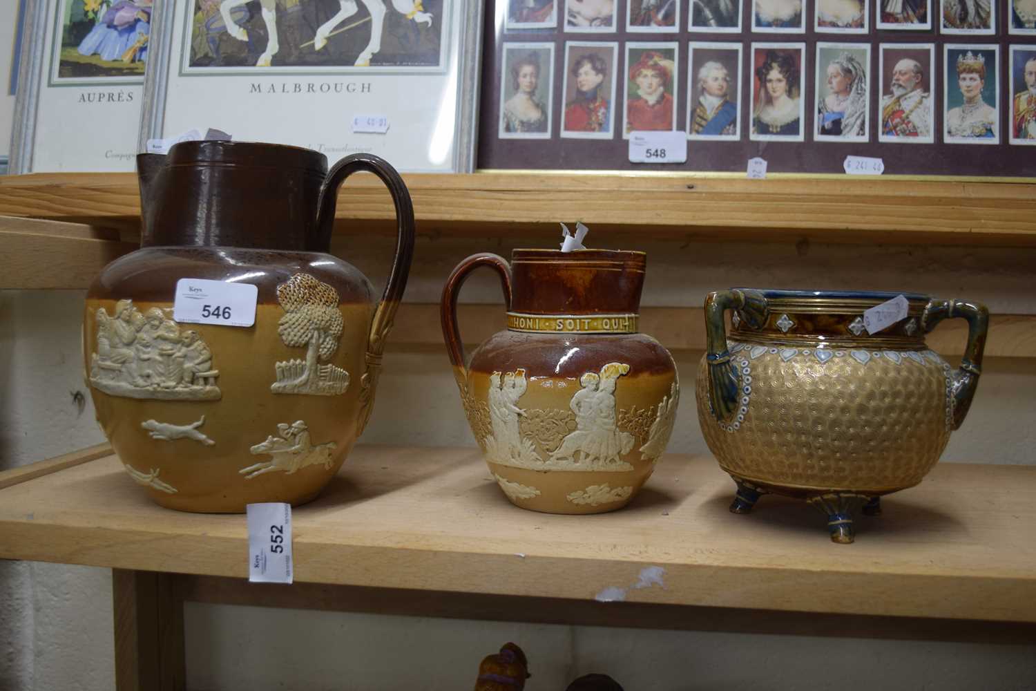 TWO DOULTON JUGS TOGETHER WITH A CAULDRON TYPE VASE