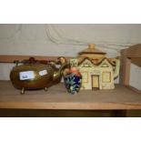 MIXED LOT: COTTAGE SHAPED TEAPOT, SMALL BRASS KETTLE AND A TUPTON MINIATURE VASE