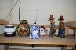 MIXED LOT: CONTINENTAL FIGURAL CANDLESTICKS, MODERN CHINESE GINGER JAR AND OTHER ITEMS