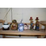 MIXED LOT: CONTINENTAL FIGURAL CANDLESTICKS, MODERN CHINESE GINGER JAR AND OTHER ITEMS