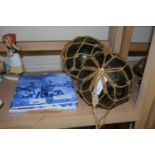 MIXED LOT: TWO GLASS FISHING BUOYS AND MODERN DELFT TILES