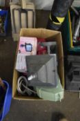 BOX OF VARIOUS GARAGE CLEARANCE ITEMS, OUTDOOR LIGHTS ETC