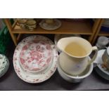 MIXED LOT: ASSORTED MEAT PLATES, WASH JUG, CHAMBER POT ETC