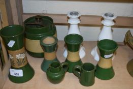 QUANTITY OF VARIOUS POTTERY VASES, TOBACCO JAR, CANDLESTICKS ETC