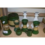 QUANTITY OF VARIOUS POTTERY VASES, TOBACCO JAR, CANDLESTICKS ETC