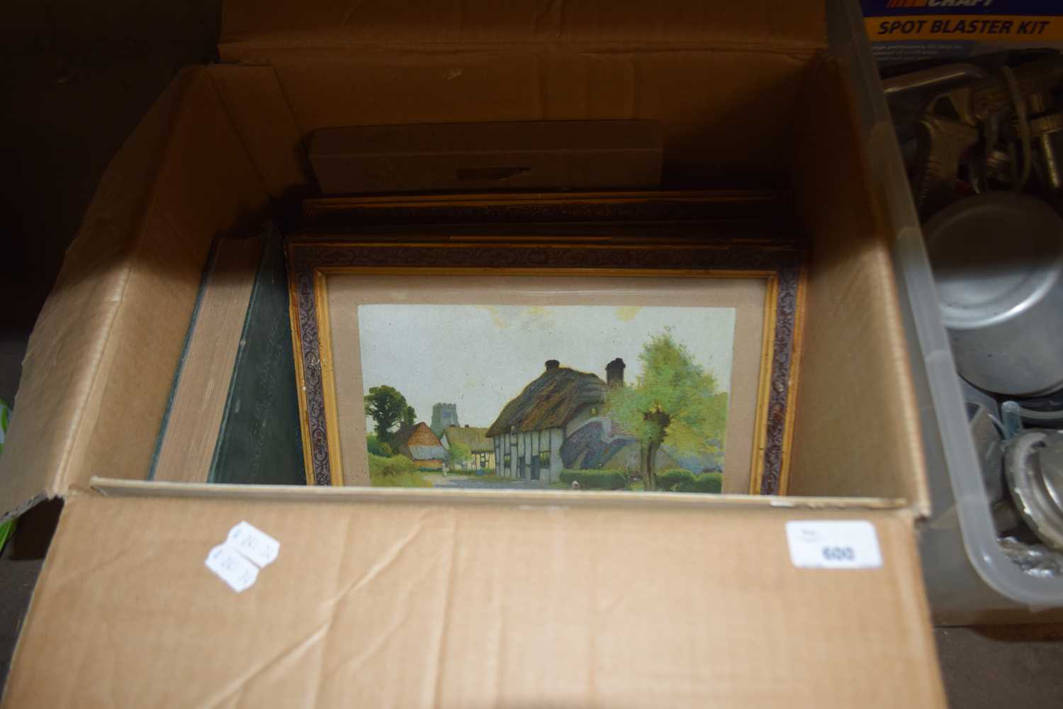 ONE BOX OF VARIOUS PICTURES, DECORATED PLATES ETC