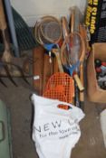 VARIOUS ASSORTED RACKETS, CHILDRENS CRICKET BATS ETC