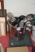 QUANTITY OF VARIOUS STEEL KITCHEN UTENSILS, CHOPPING BOARDS ETC