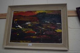 M T BUSSEY, ABSTRACT STUDY, LANDSCAPE WITH HOUSES, OIL ON BOARD, FRAMED