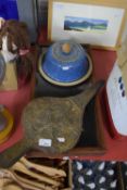MIXED LOT: SMALL DISPLAY CASE, FIRE BELLOWS AND A CHEESE DISH