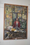 CONTEMPORARY SCHOOL STUDY OF A LADY AT A SHOP COUNTER, OIL ON CANVAS, FRAMED