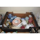 BOX OF VARIOUS MIXED CHINA WARES TO INCLUDE LUSTRE COFFEE SET, VARIOUS TEA WARES ETC