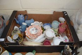 BOX OF VARIOUS MIXED CHINA WARES TO INCLUDE LUSTRE COFFEE SET, VARIOUS TEA WARES ETC