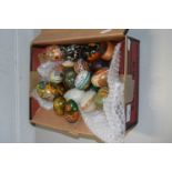 BOX CONTAINING QUANTITY OF WOODEN AND METAL PAINTED EGGS