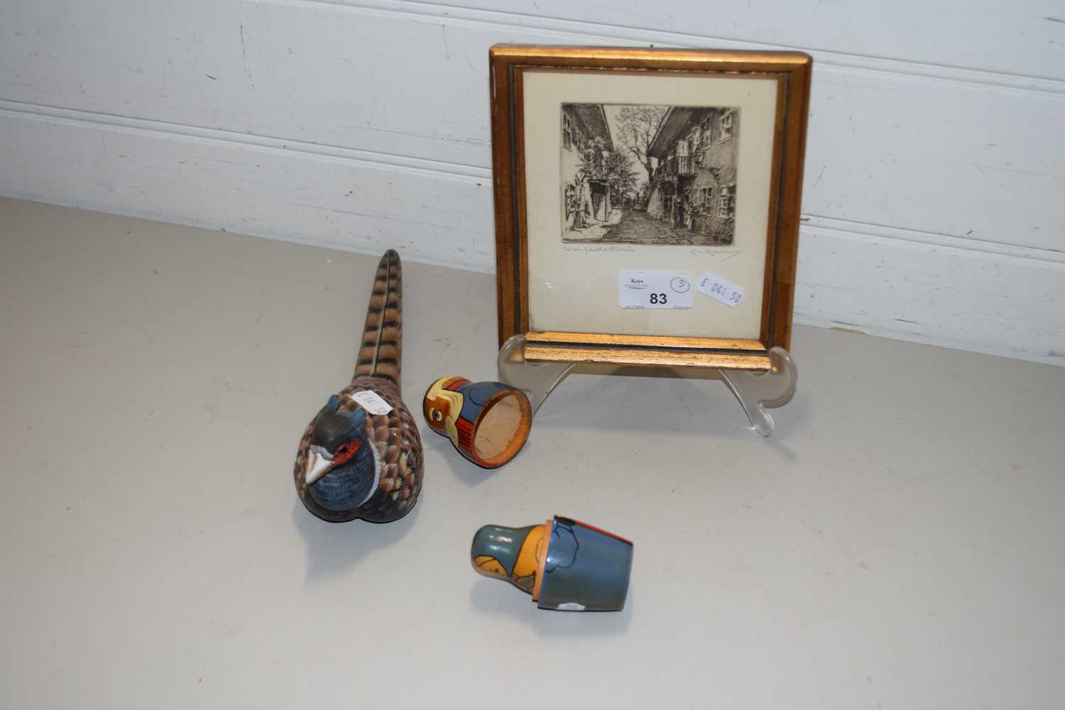 SMALL PICTURE FRAME, WOODEN MODEL OF A PHEASANT AND FURTHER MODEL OF AN OLD MAN