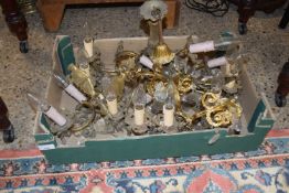 BOX OF VARIOUS ASSORTED BRASS WALL SCONCES AND LIGHT FITTINGS